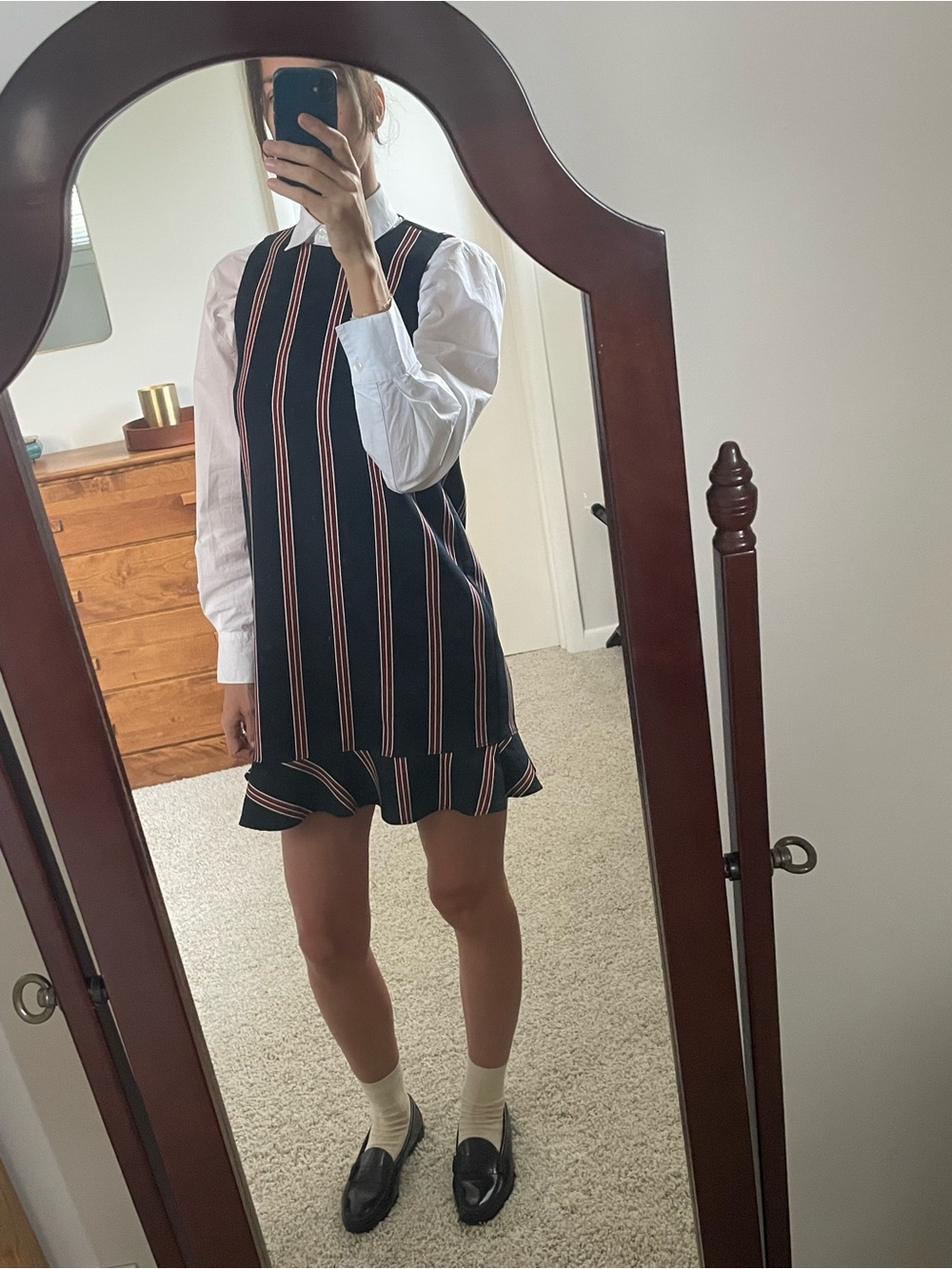 Zara Striped Ruffle Shift Dress Navy Blue Burgundy Preppy Mod Pleated Hem S